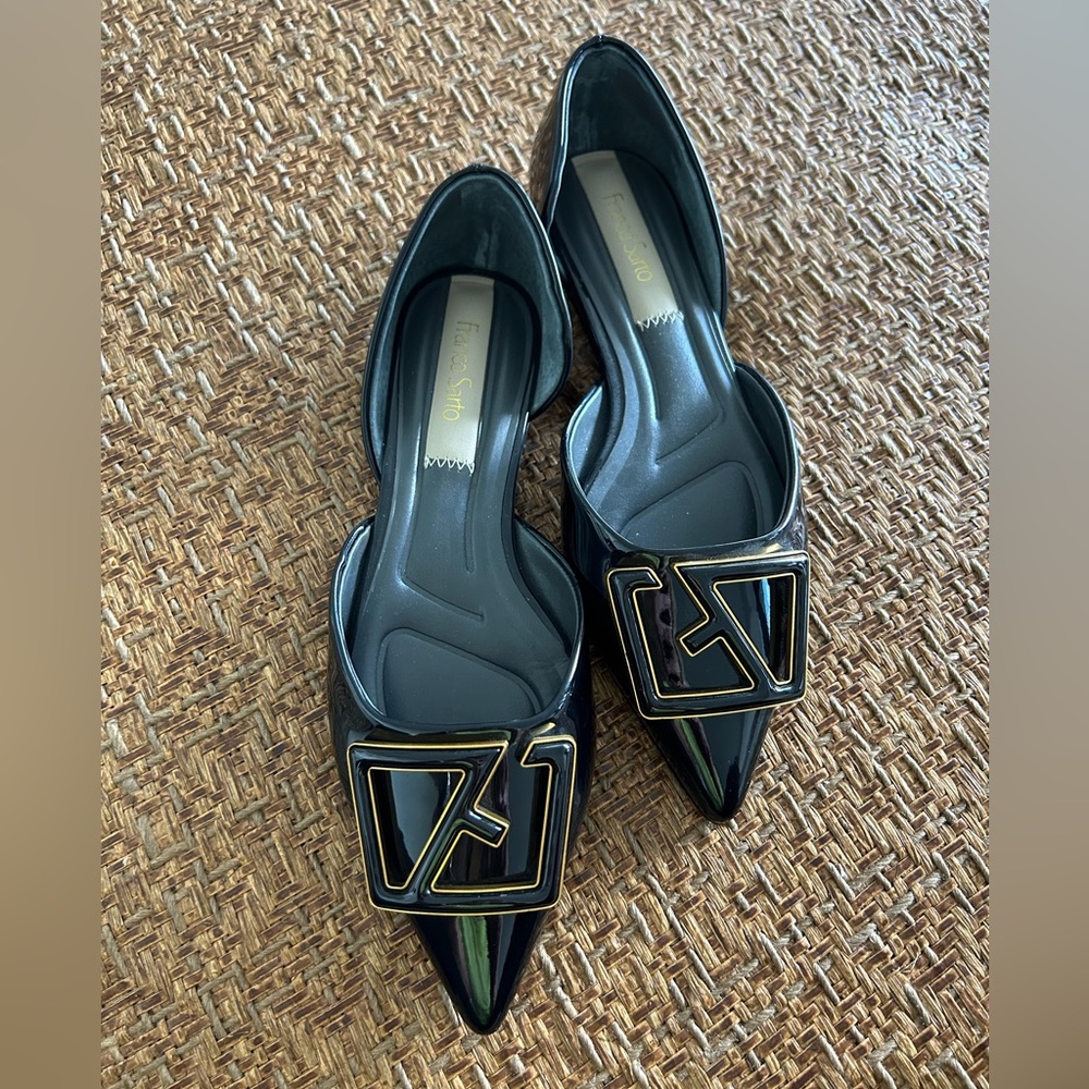 Franco Sarto black patent leather flats w/buckle detail